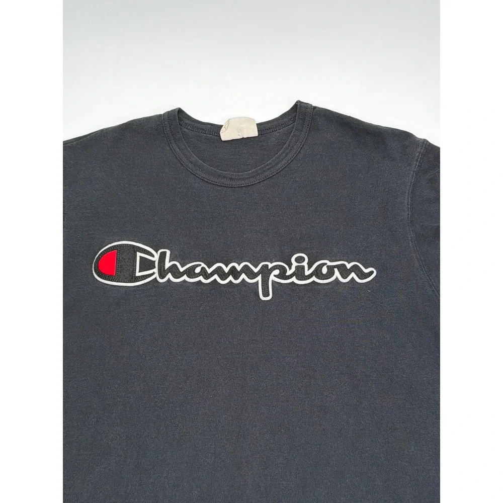 Champion Mens Script Logo Puff Print T-Shirt Black Short Sleeve Cotton Large - Picture 2 of 8